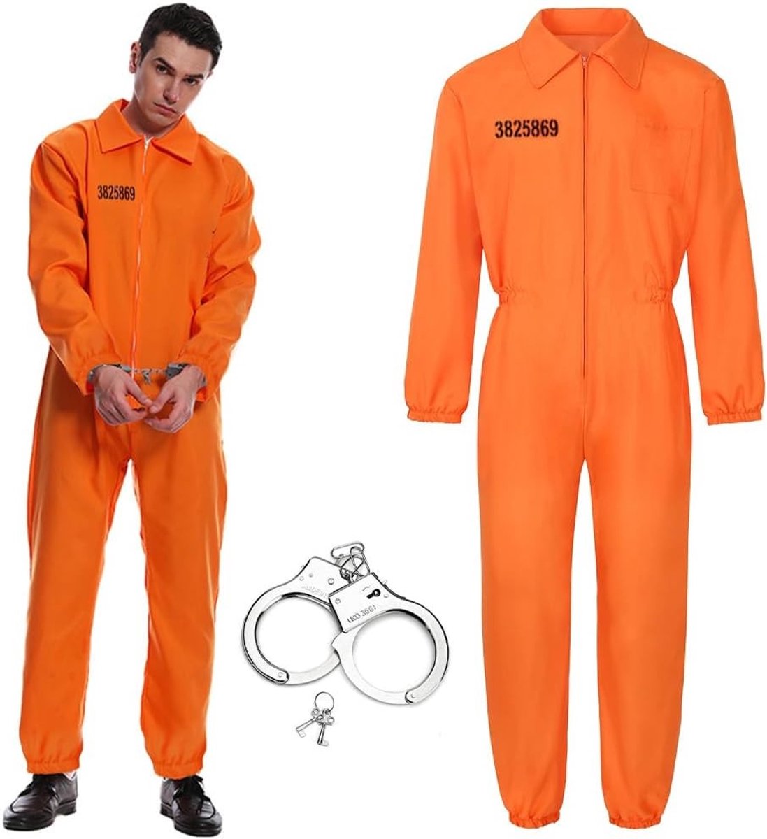 Klassiek oranje gevangenis kostuum voor mannen en vrouwen, inclusief handboeien, ideaal voor carnaval en Halloween evenementen