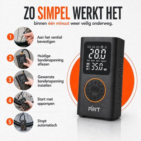 FÍNT® Elektrische Fietspomp - Luchtcompressor - voor Fiets, Scooter, Motor en Auto - Elektrische Bandenpomp - Oplaadbaar & Draagbaar - Bandenpomp - Compressor - Tot 10.3 Bar - Incl. Opbergzakje en Powerbankfunctie - PRO van FÍNT® — afbeelding 2