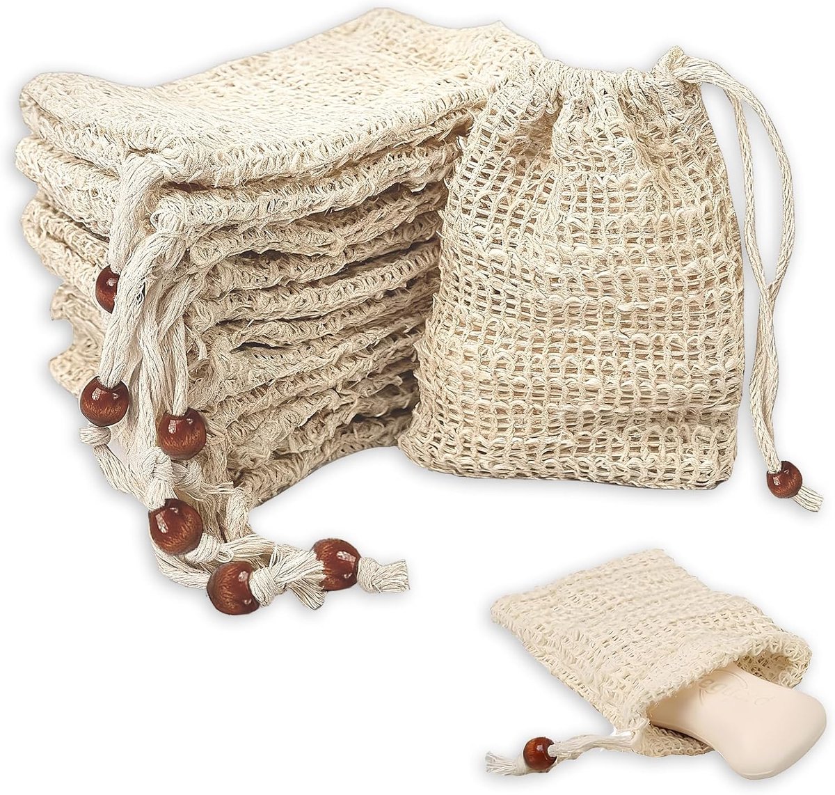 Zeepzakjes Set - Natuurlijke Spons - Douchen en Reinigen - Mesh Anti-slip Design - 12 Stuks - Naturel