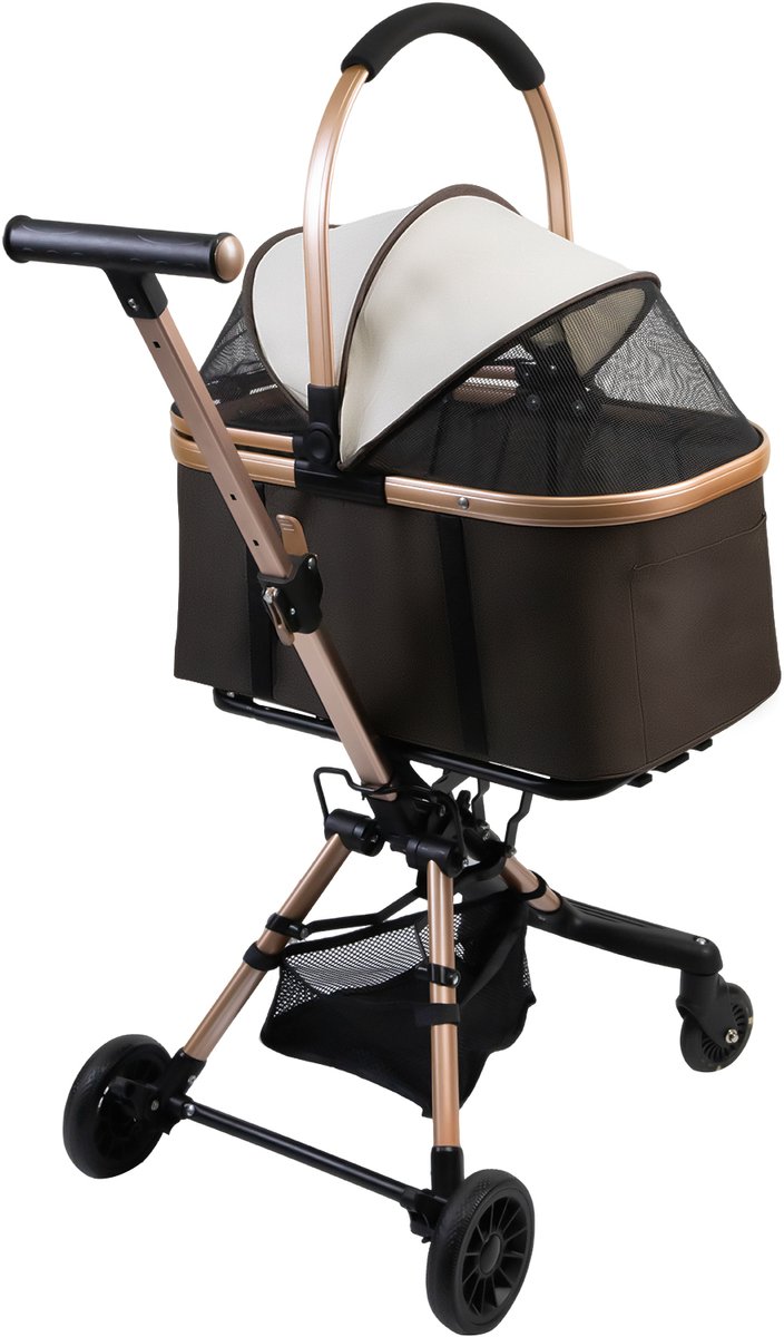 PIPIPOXER Inkapbare Hondenbuggy inklapbare 2-in-1-Hondenwagen voor kleine honden en katten tot 20kg-s - boodschappenmand en gaasraam-Oxford-koffiebruin