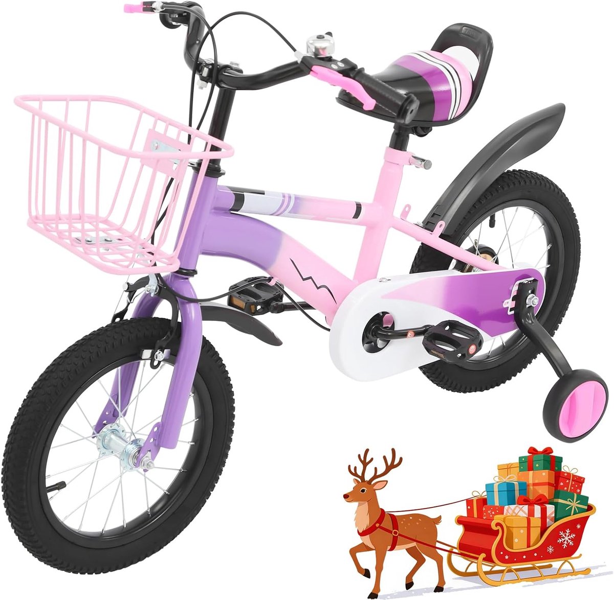 Kinderfiets 14 Inch - Loopfiets met zijwielen - Leren fietsen - Dubbele rem - 14 inch - Paars