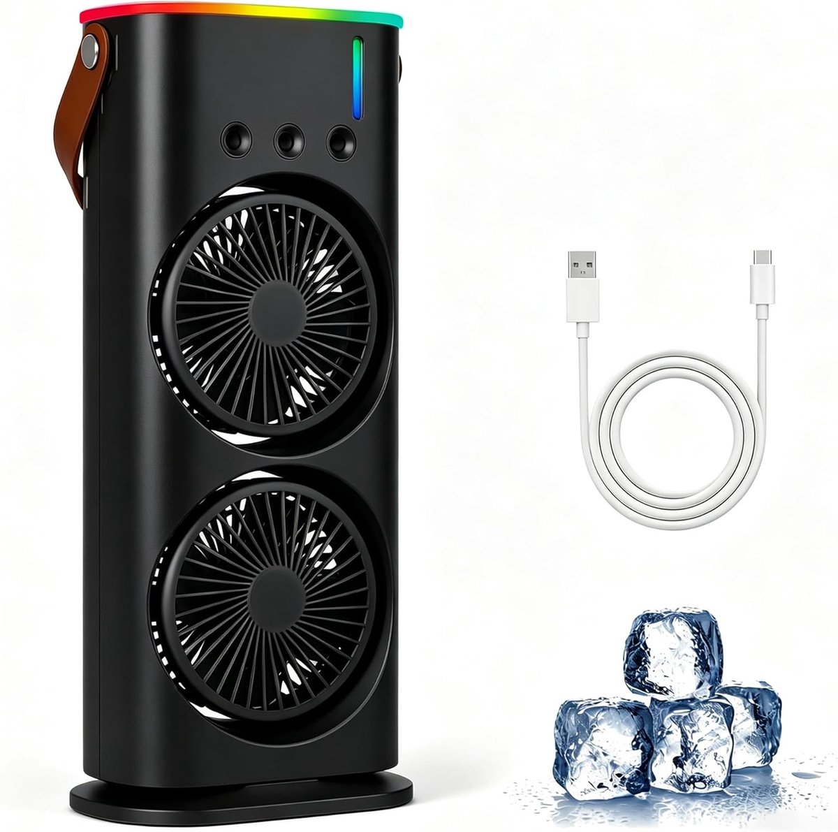 Draagbare mini-airco – 280 ml luchtkoeler, 4-in-1 draagbaar apparaat, 3 snelheden, 3 vernevelingsstanden, ledverlichting in 7 kleuren, USB-ventilator & luchtbevochtiger voor de slaapkamer - zwart