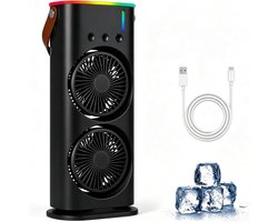 Draagbare mini-airco – 280 ml luchtkoeler, 4-in-1 draagbaar apparaat, 3 snelheden, 3 vernevelingsstanden, ledverlichting in 7 kleuren, USB-ventilator & luchtbevochtiger voor de slaapkamer - zwart