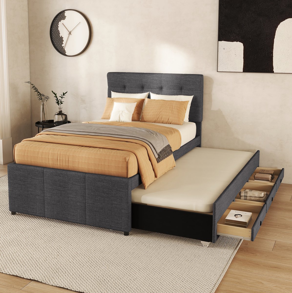 MEUNIQ eenpersoons gestoffeerd bed 90x200 cm met uitrolbed 90x190, 3 lades en verstelbaar hoofdbord voor slaapkamer, grijs/beige