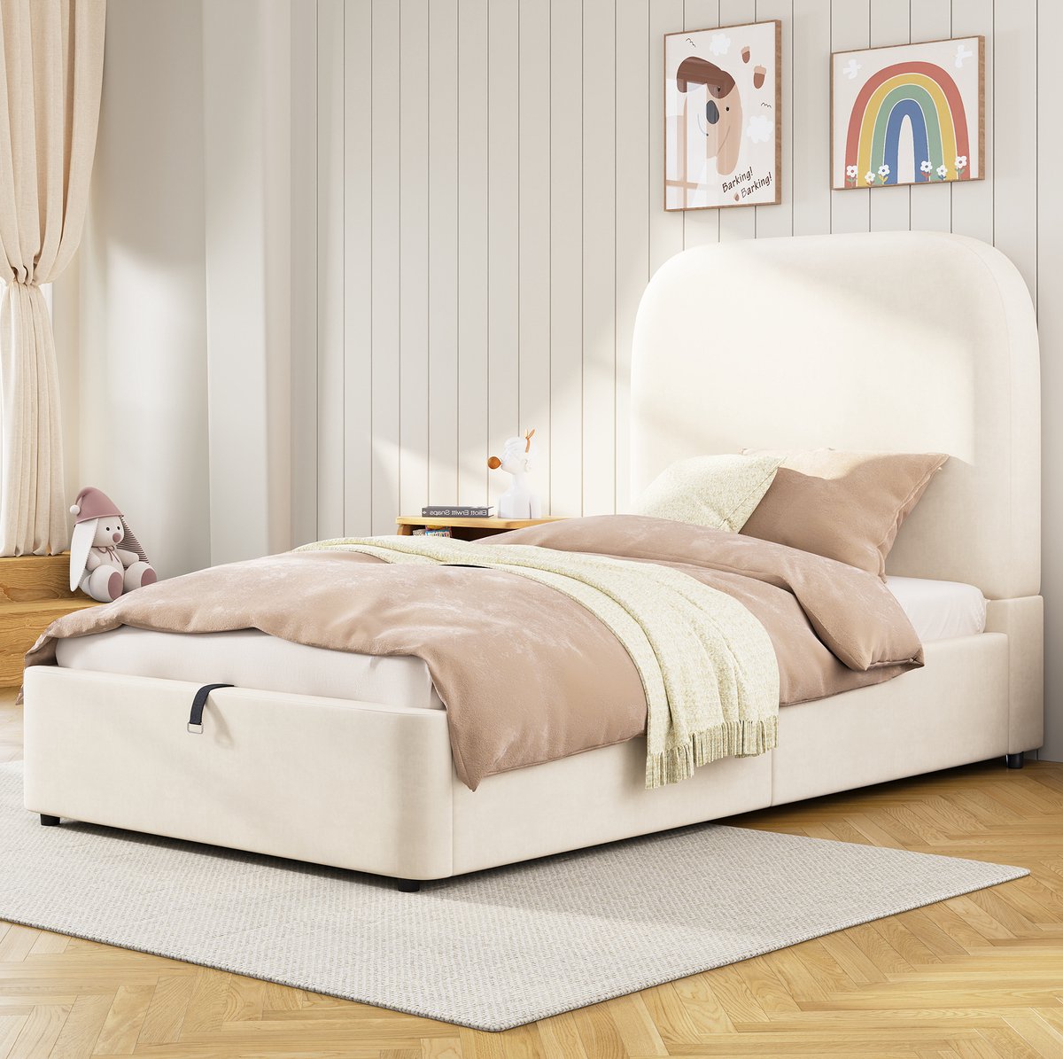 MEUNIQ eenpersoons kinderbed 90x200 cm met hydraulische opbergruimte, lattenbodem en gestoffeerd hoofdbord, fluwelen bedframe voor kinderkamer, beige