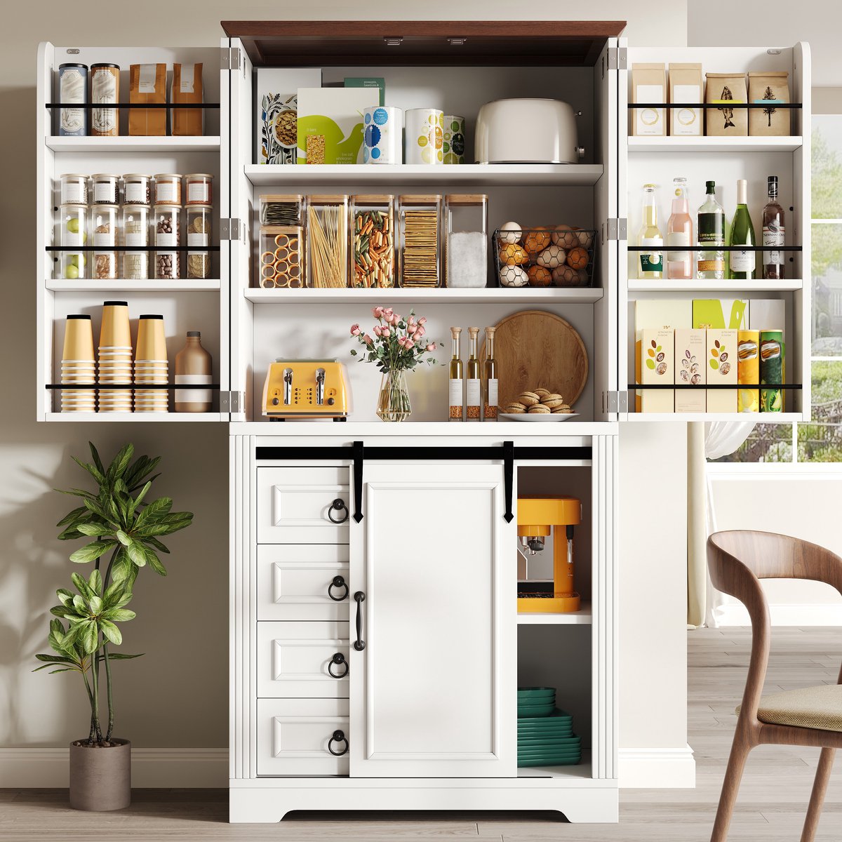 Re-purelife® Modern keukenkast wit 120×40×180,5 cm - hoge voorraadkast met 4 lades, verste
