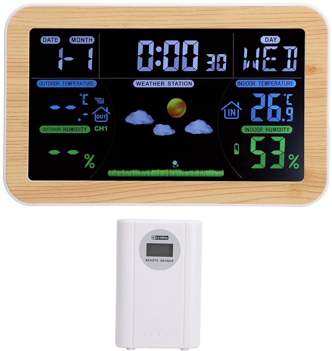 Weerstation Klok - Thermometer Weerindicator - Weersvoorspelling Buiten - Drievoudige Buitenmeting - 80-100 Meter Bereik - Wit