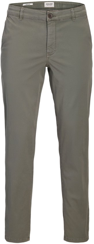 Grijze chino broek, met knoopsluiting en zakken, voor mannen.