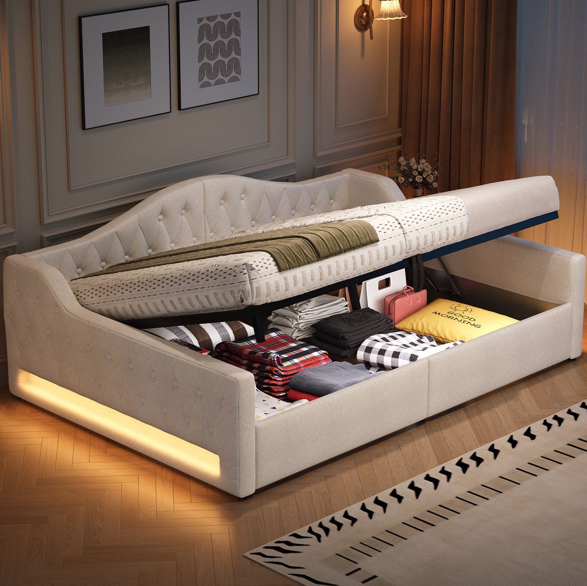 MEUNIQ Bedbank 140x200 cm met opbergruimte, LED-verlichting aan beide zijden, gestoffeerd dagbed met lattenbodem voor slaapkamer of logeerkamer, beige