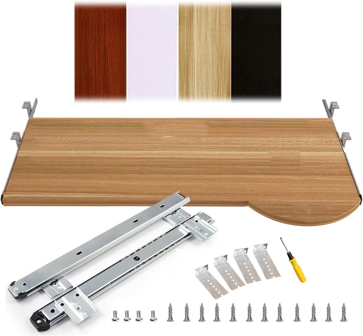 Houten schuifbak - Lade toetsenbord - Bureau organiseren - In hoogte verstelbaar - 60 x 26 cm - Teak afwerking