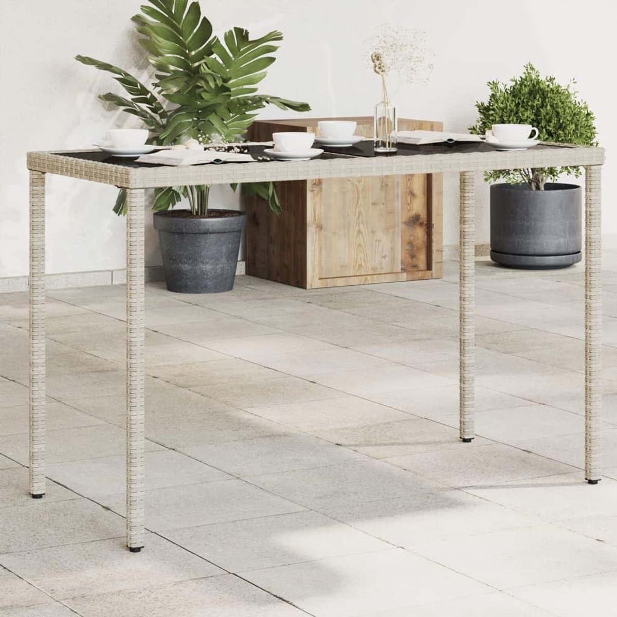 Polyrotan tuintafel - Buitenmeubel Rotan - Terras Ontspannen - Gehard glazen blad - 115 x 54 x 74 cm - Lichtgrijs