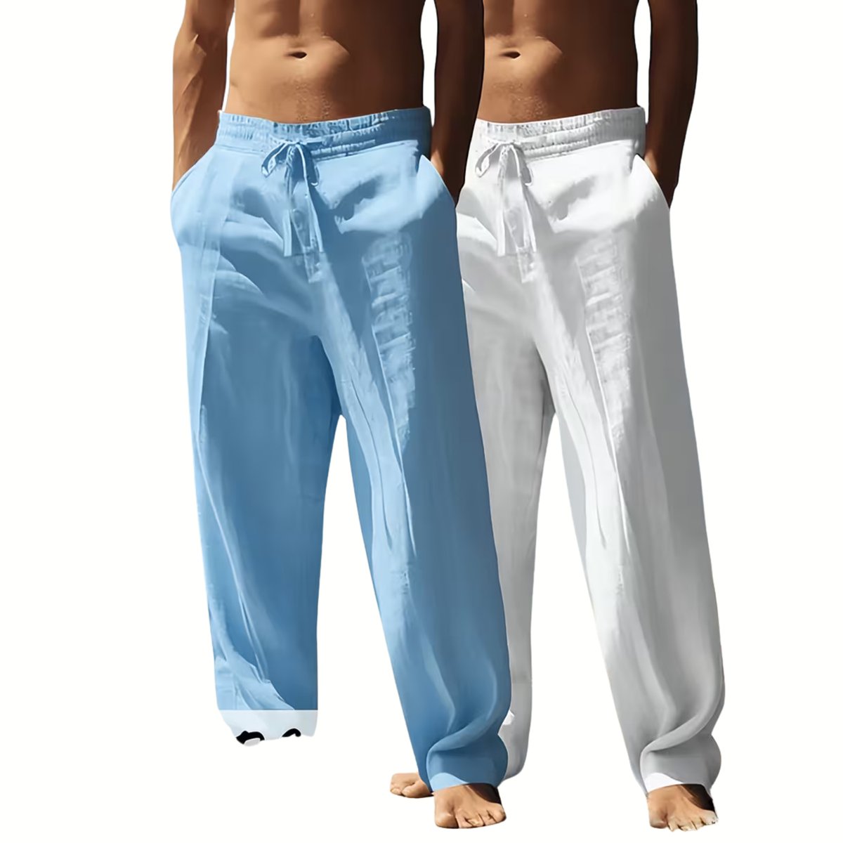 Currero Linnen Broek Heren - Zomerbroek - Volwassenen - Lange Broek - Pantalon - Strandbroek - Zomer - Ibiza Stijl - Hemelsblauw + Wit - XXL