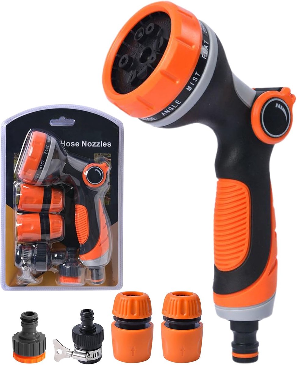 Tuinslang Sproeikop - Hogedrukspuit Mondstuk - Tuinieren Gazon Wassen - 10 Sproei Functies - 5-delige Set - Oranje