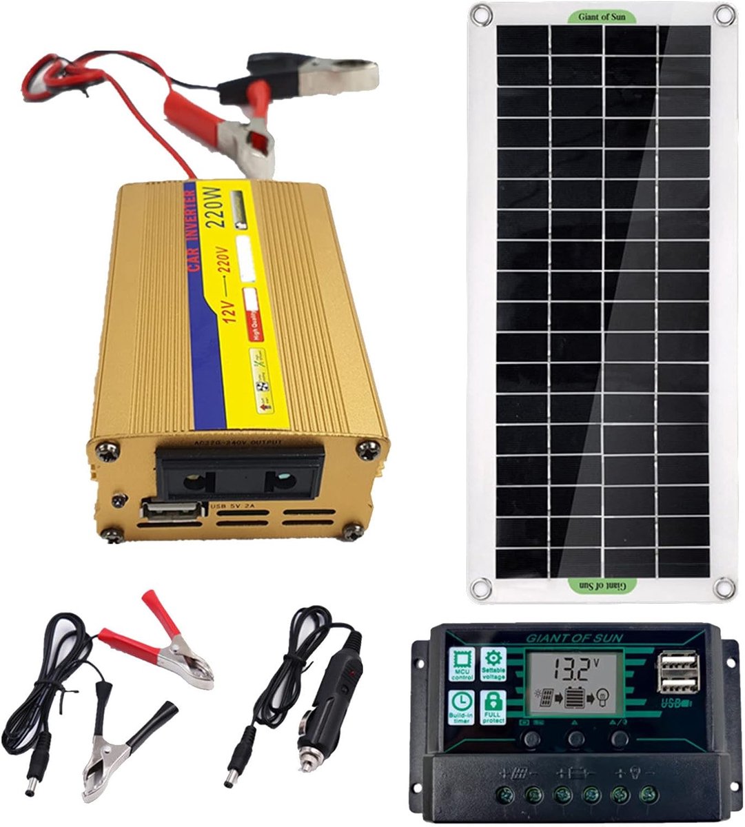 Zonnepaneel Kit - Solar Set - Batterij Opladen - Monokristallijn Paneel - 30W 220W - Zwart