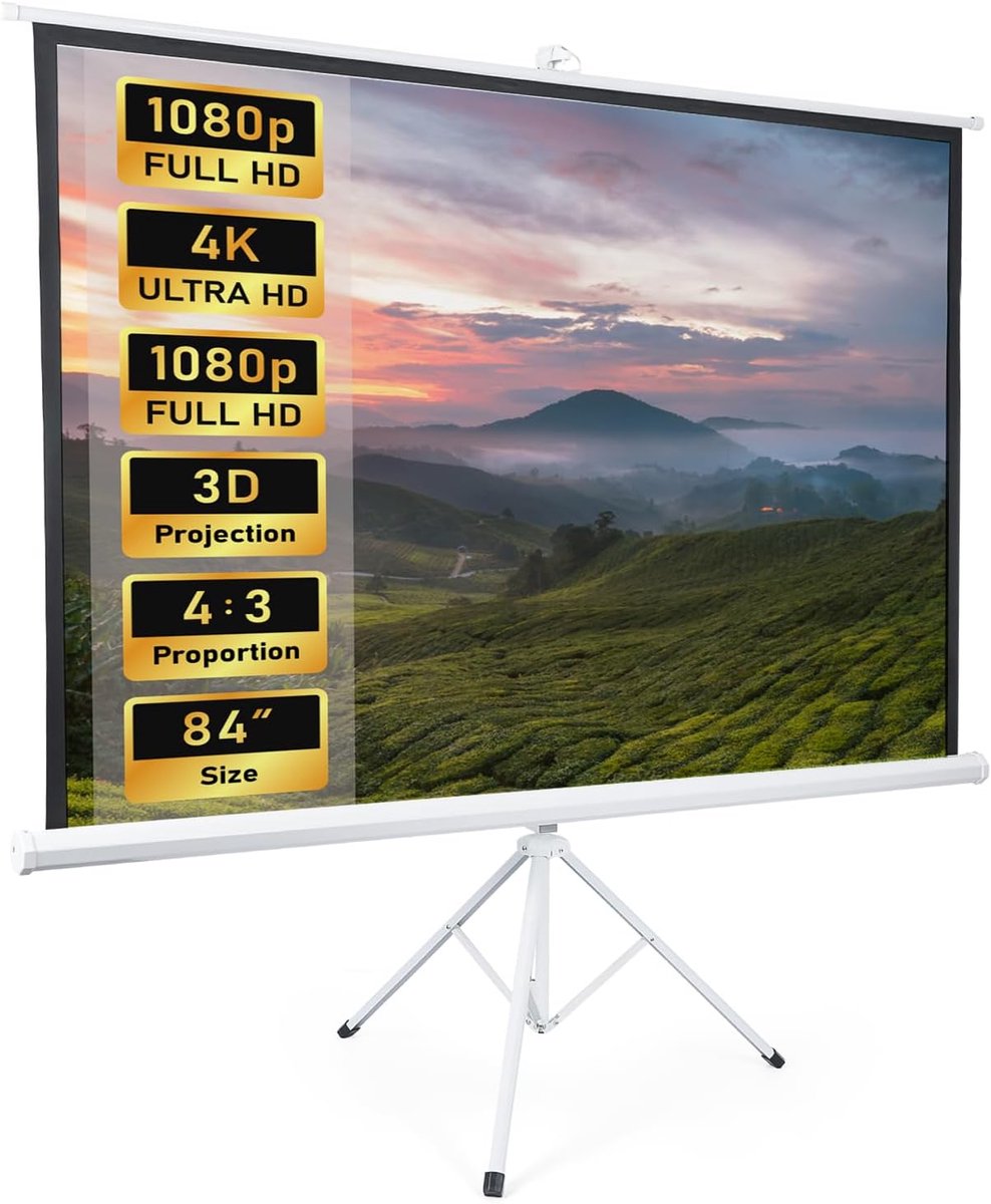 Projectiescherm met Statief - Mobiel Scherm - Home Cinema - Handmatige Hoogteverstelling - 84 Inch 4:3 - Wit