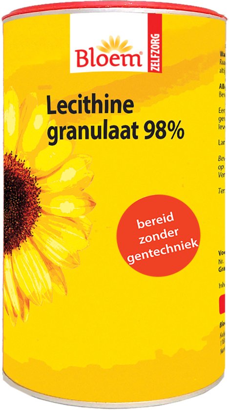 Gele verpakking met zonnebloem, tekst "Bloem Lecithine granulaat 98%" en rode cirkel met "bereid zonder gententechniek".