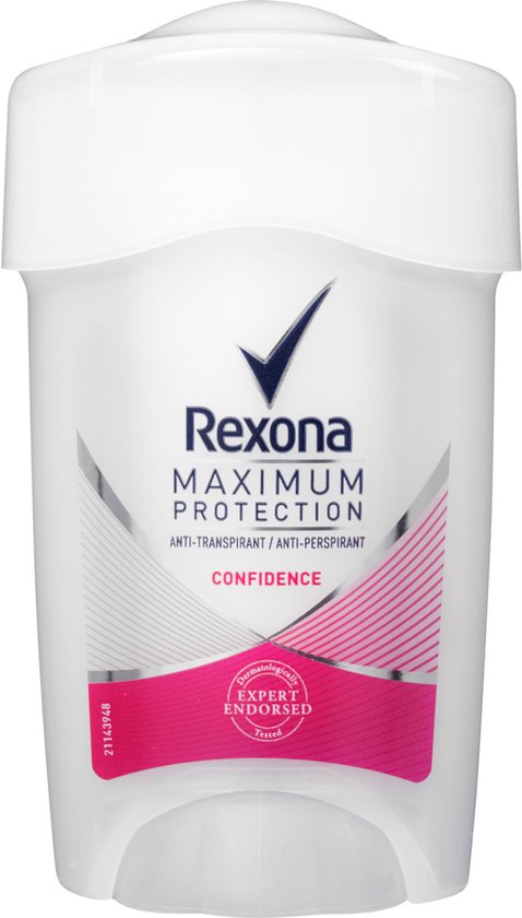 Rexona Maximum Protection anti-transpirant met 'Confidence' op een roze en zilveren label.