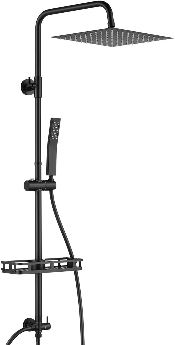 Auralum Max Douchesysteem - Douche Set - Regendouche Ø 25 cm - Met Handdouche en Plankje - Verstelbare Hoogte 72-110 cm - Duurzame Messing Omsteller - Zwart