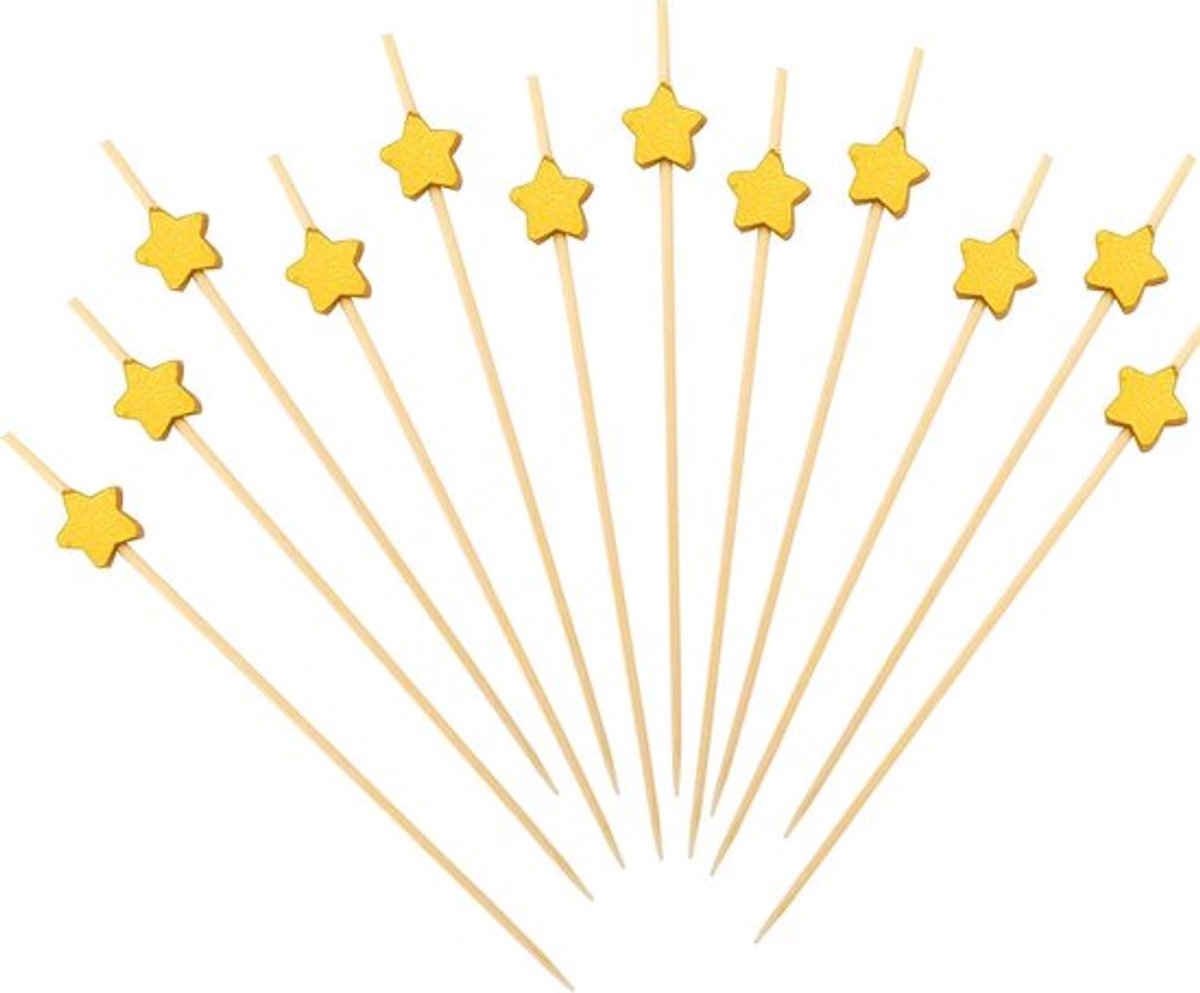 Pack van 100 houten cocktailprikkers met gouden ster, 12 cm