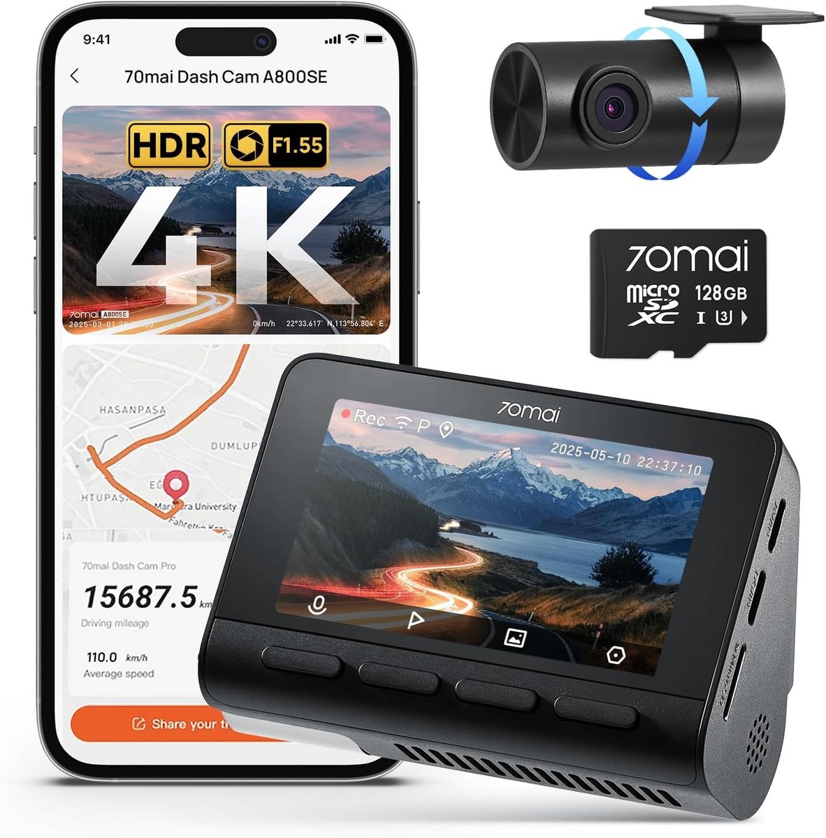 Dashcam - Zwart - 4K UHD voor- en achtercamera - Nachtzicht - Voor Auto