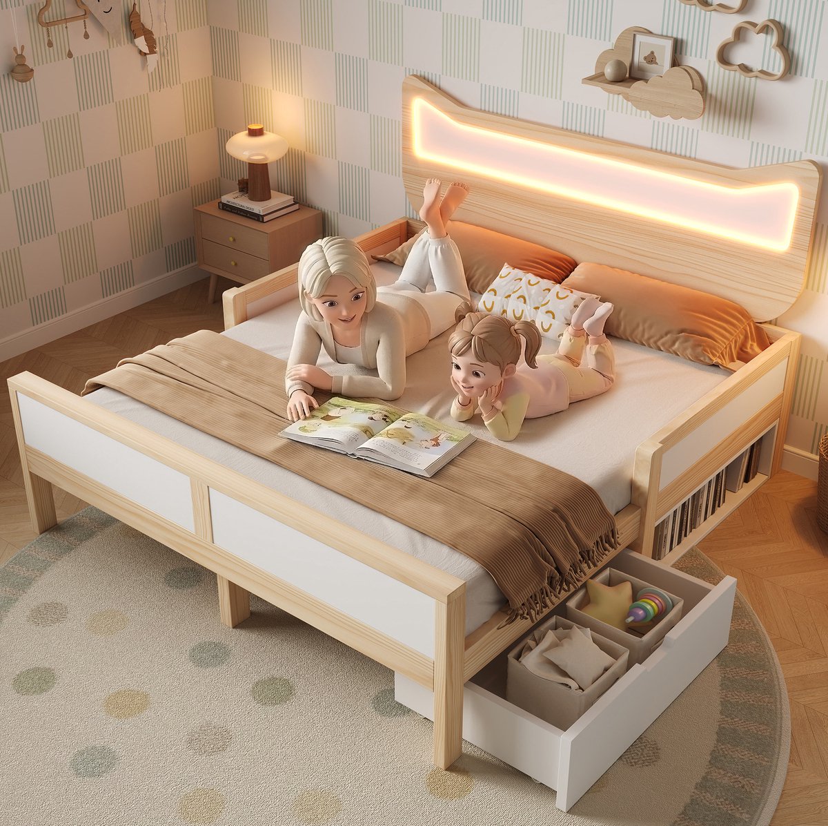 MEUNIQ kinderbed 140x200 cm met kattenvormig hoofdbord, RGB LED-verlichting, lattenbodem, bedlade en opbergvak links of rechts te monteren, wit en eiken