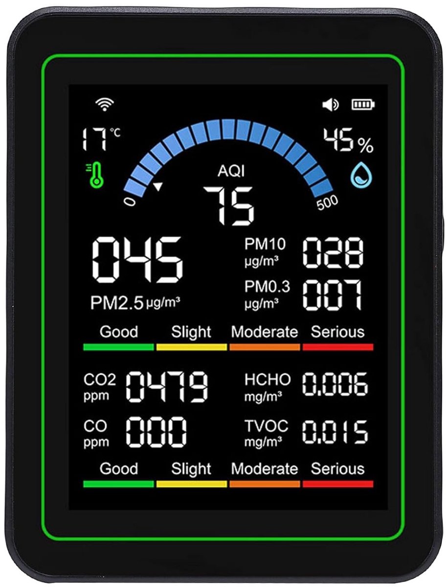 Luchtkwaliteit Tester - Slimme Detector - Binnenlucht Meten - 10-in-1 Metingen - 2.8 Inch Display - Zwart
