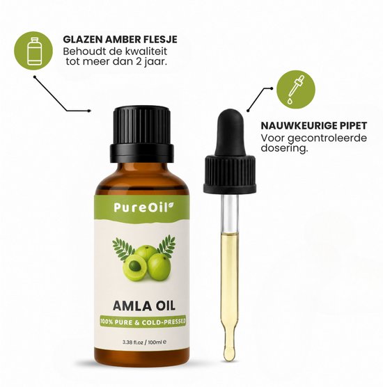 Amberkleurig glazen flesje met zwarte dop en druppelaar. Bevat PureOil Amla Oil.