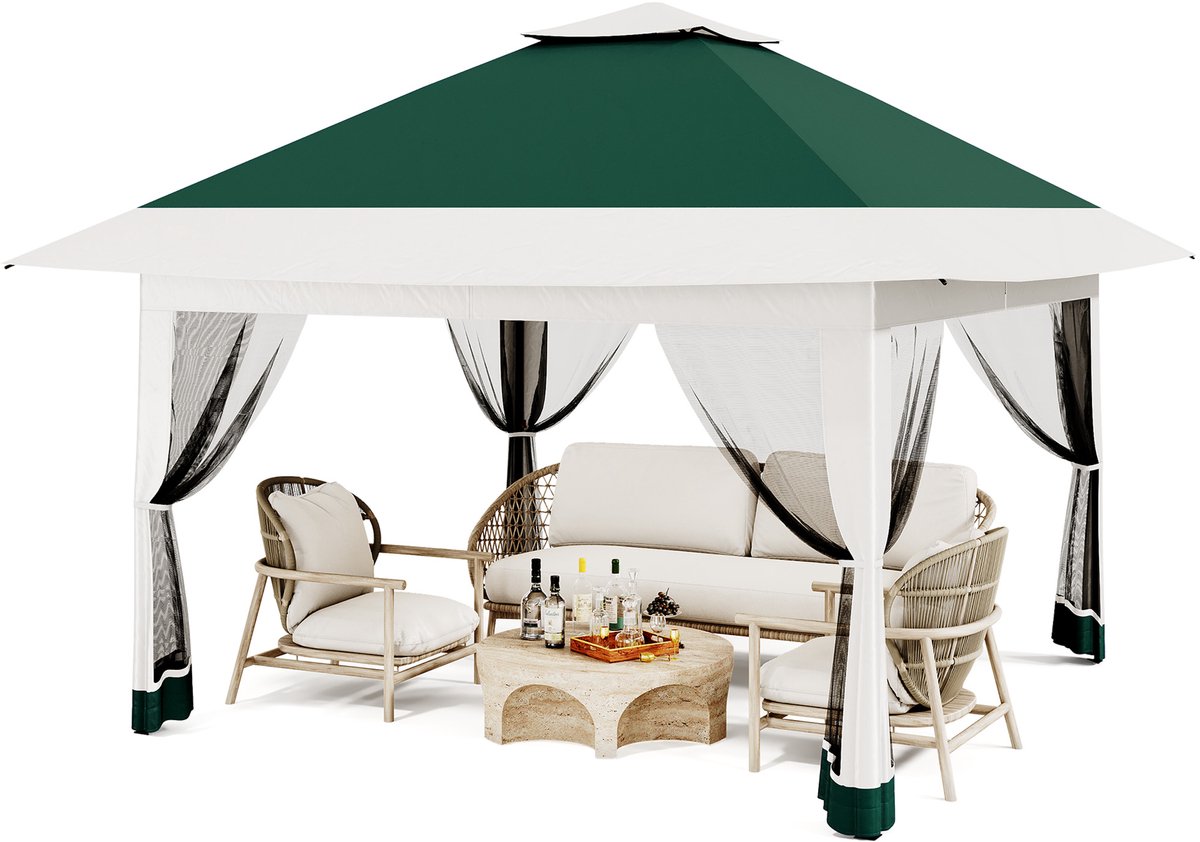Partytent met 4 Mesh Zijwanden - 360x360x300cm - Waterafstotend Paviljoen met Muggennet - Pop-up - Geventileerd Dak - Draagtas op Wieltjes - Voor Tuin Terras Feest - Donkergroen