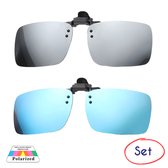 S4D® - Clip-On Zonnebril – Gepolariseerde Lenzen – UV Bescherming – Voor Multifocale Brillen - Unisex - Ultralicht & Comfortabel - Inclusief Handige Opbergcase En Zachte Microvezeldoekje ! Set Zilver & Blauw