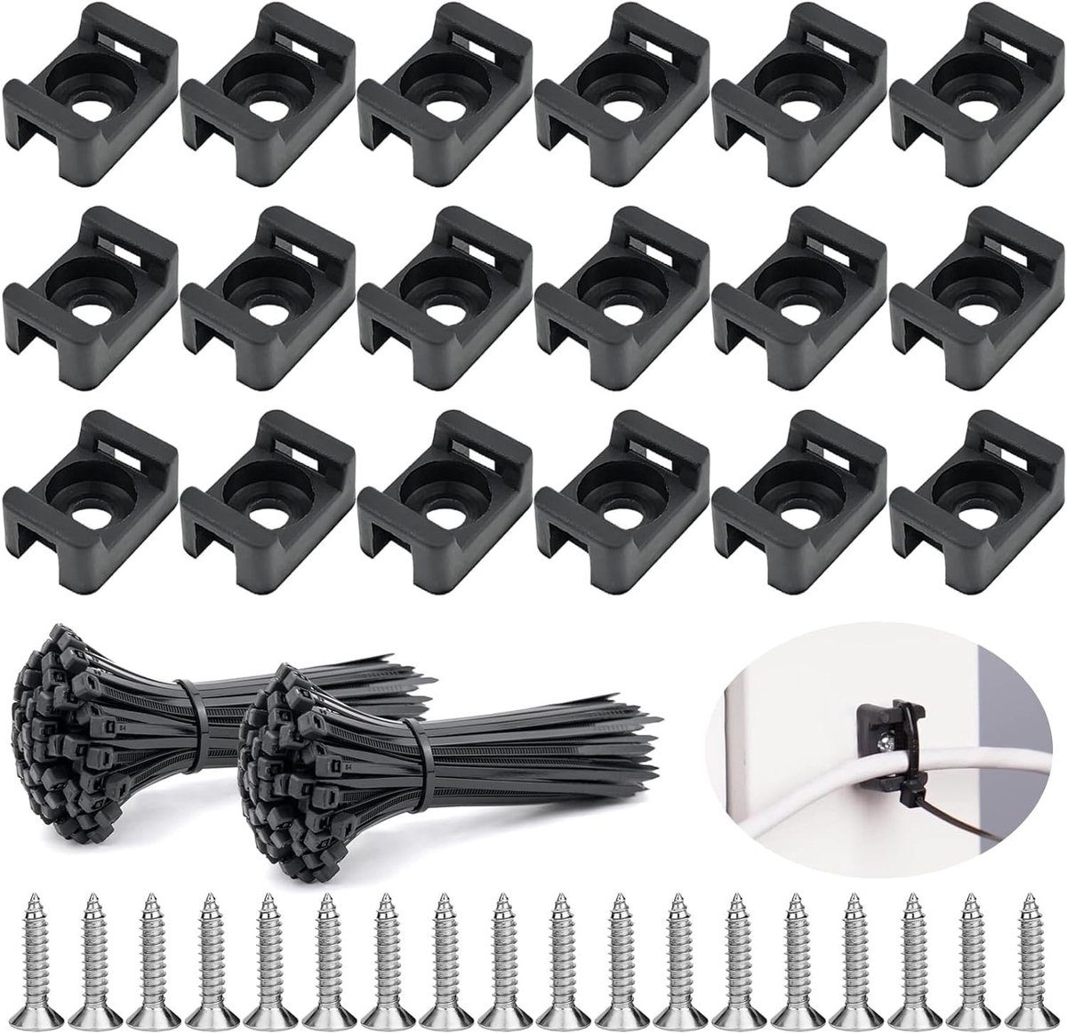 Set van 200 Kabelhouders met 200 Kabelbinders en 200 Schroeven voor Efficiënte Kabelbeheer Thuis en op Kantoor, 15 x 10 x 7 mm Nylon Schroefbevestiging