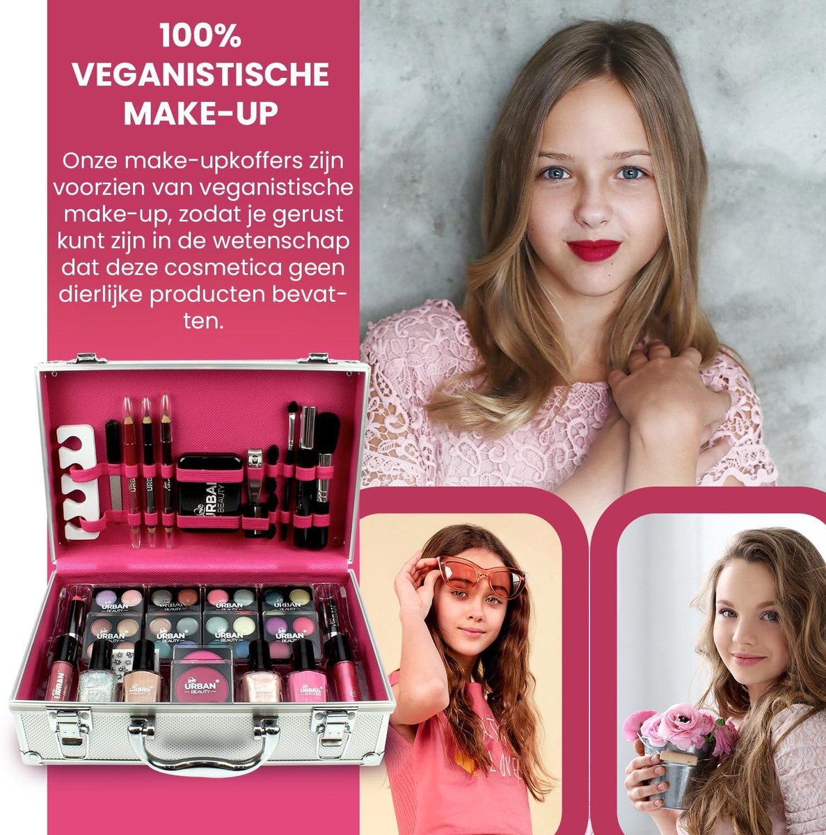SnelShoppen - Veganistische Oogverblindende Make-upkoffer – 60-delige Make-up en Nagelset voor Tieners – Elegante Zilveren Doos – Compact en Lichtgewi