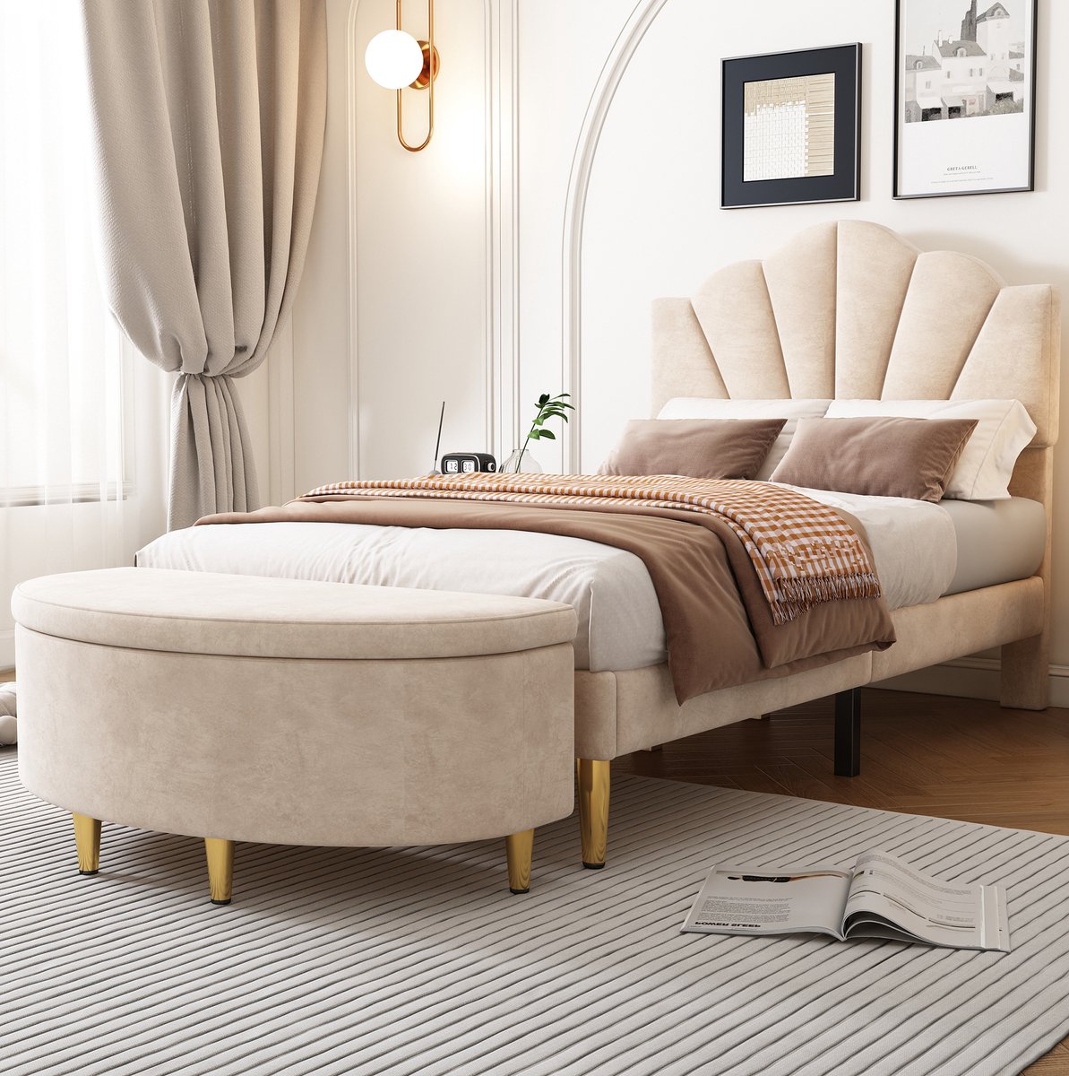 COVREO Bed 90x200 cm beige, velvet, verstelbaar hoofdbord, zonder matras