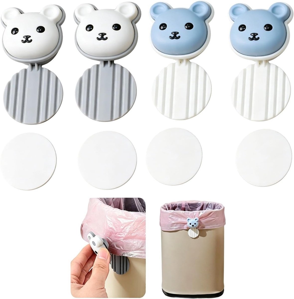 Vuilniszakklemmen voor keukenorganisatie, 4 stuks stevige clips voor afvalzakken, handige bevestiging en schattig berendesign in grijs en blauw