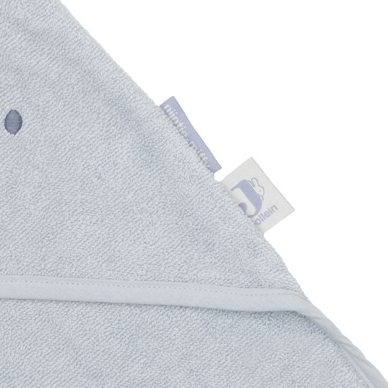 Cape de bain bleu clair avec visage de Miffy, oreilles de lapin et étiquettes, en tissu éponge doux.