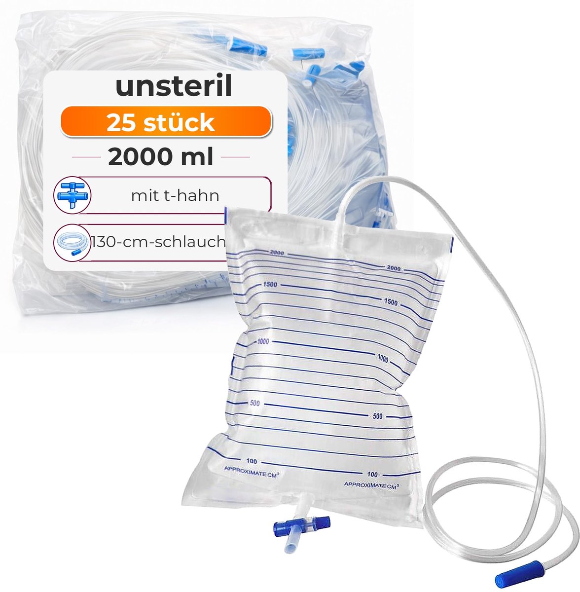 SnelShoppen - Urineopvangzak 25 stuks - 2000ml met Meetschaal - Buizen 90cm en 130cm - T-Kraan en Terugslagklep - Eenmalig Gebruik voor Thuis, Ziekenh