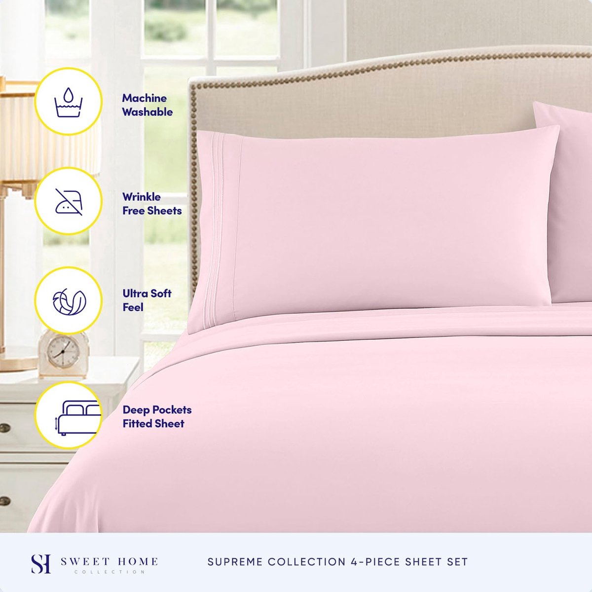 SnelShoppen - Luxe Beddengoedset Kingsize met Plat Hoeslaken, 2 Kussenslopen, Dubbel Geborsteld Microvezel, Lichtroze, Ideaal voor Slaapkamer en Gaste