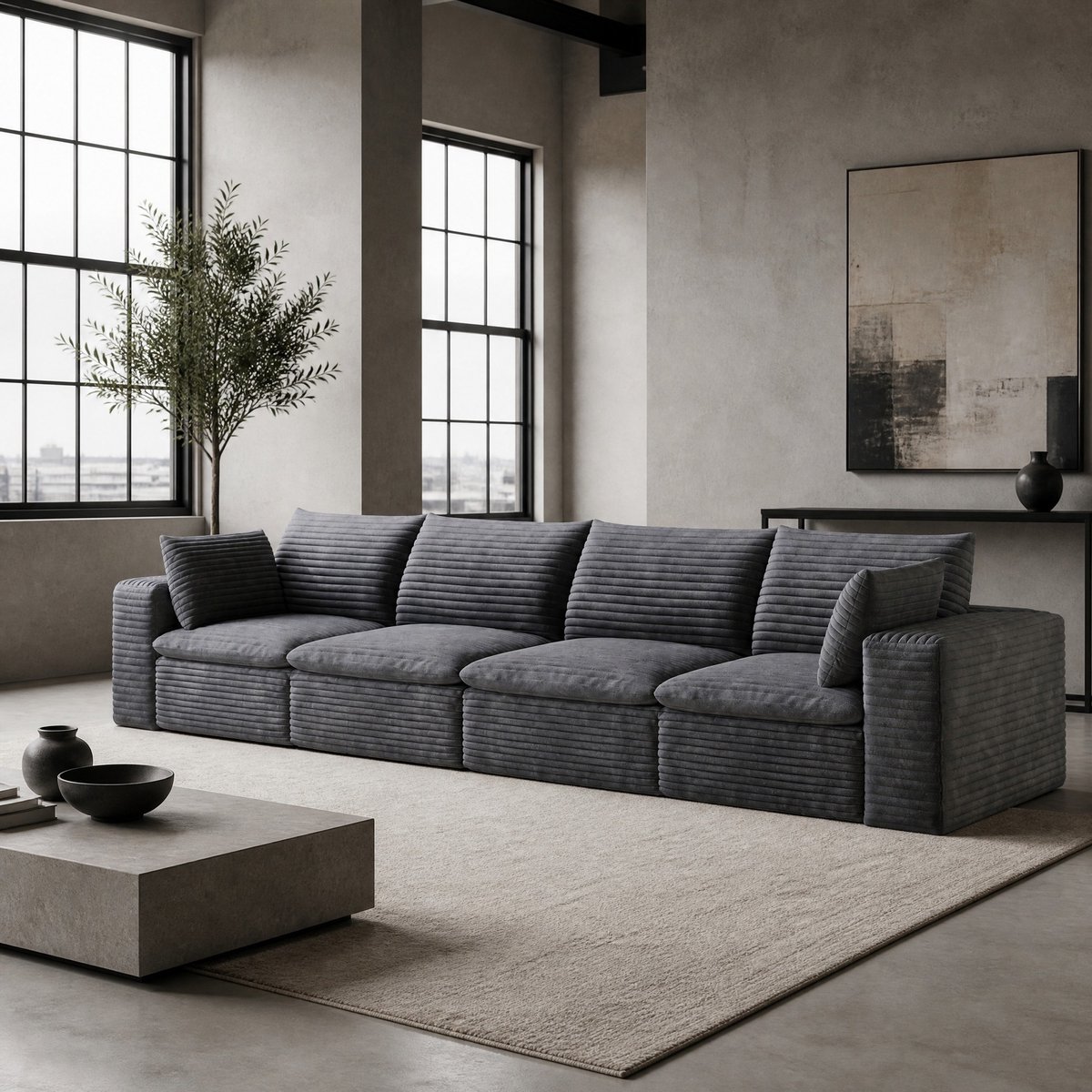 REDOM Bank - 4-zits zitbank - Modulair ontwerp - Afneembare polstering - Design - Woonkamer - Stof - Donkergrijs - 340 x 90 x 82 cm