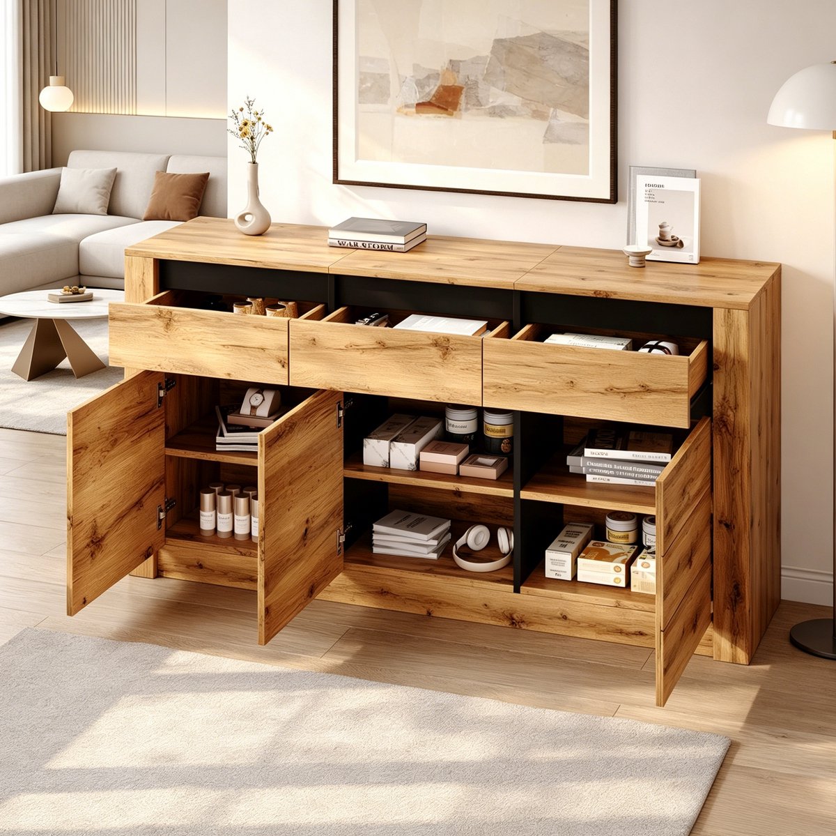 DESMIU Dressoir - Moderne Opbergkast Met 3 Lades En Verstelbare Planken - Voor Woonkamer En Hal - Spaanplaat - 135x35x70 Cm - Natuurkleur