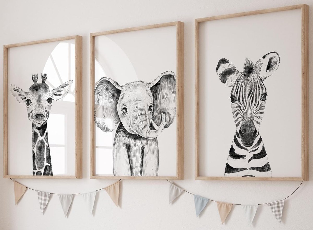 SnelShoppen - Safari Dieren Babyset van 3 Wanddecoratie Posters voor Kinderkamer, A4 Formaat, Olifant, Giraffe, Zebra, Zwart Wit, Premium 300gsm