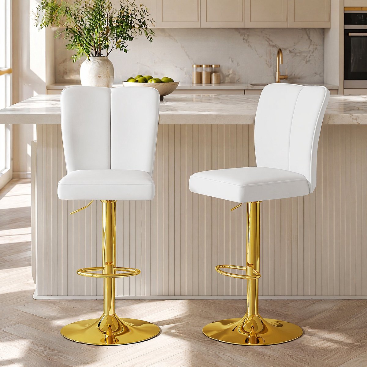MEUNIQ barkruk set van 2, verstelbaar 360° draaibaar met rugleuning, wit en goud, kunstleer, voor keukeneiland en bar White+Gold