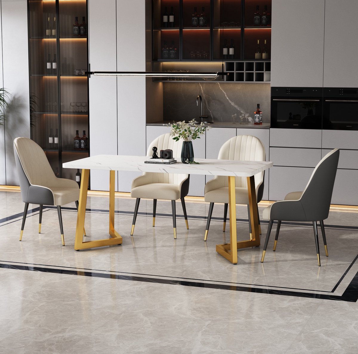 MEUNIQ Eettafel 117x68 cm rechthoekig met marmerlook tafelblad en gouden metalen poten - moderne tafel voor eetkamer, keuken, woonkamer of werkkamer