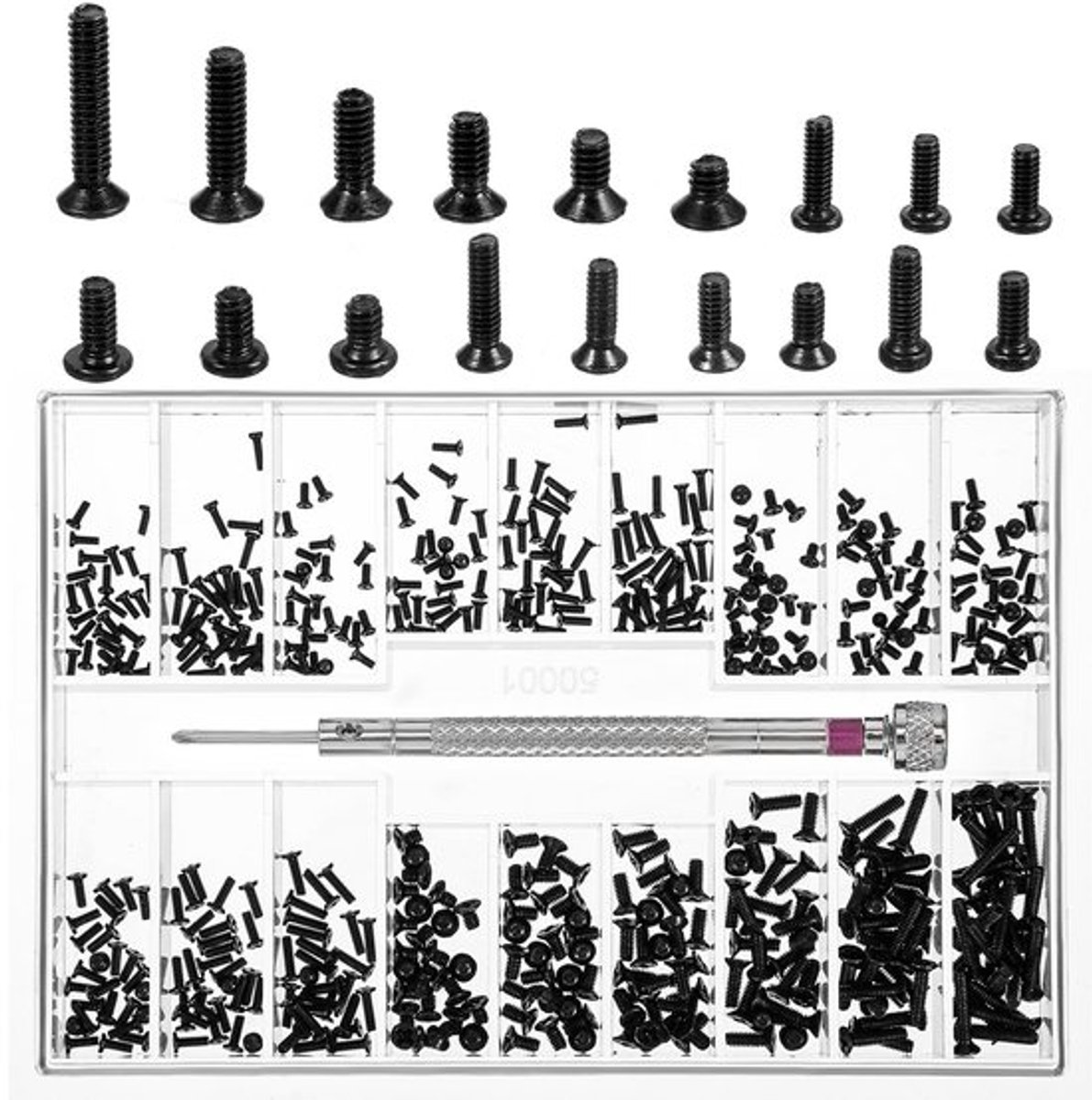 - Kleine schroeven - 500 stuks - Mini reparatieset met schroevendraaier - Zwart - Voor brillen en laptops - 18 verschillende maten - Ideaal...