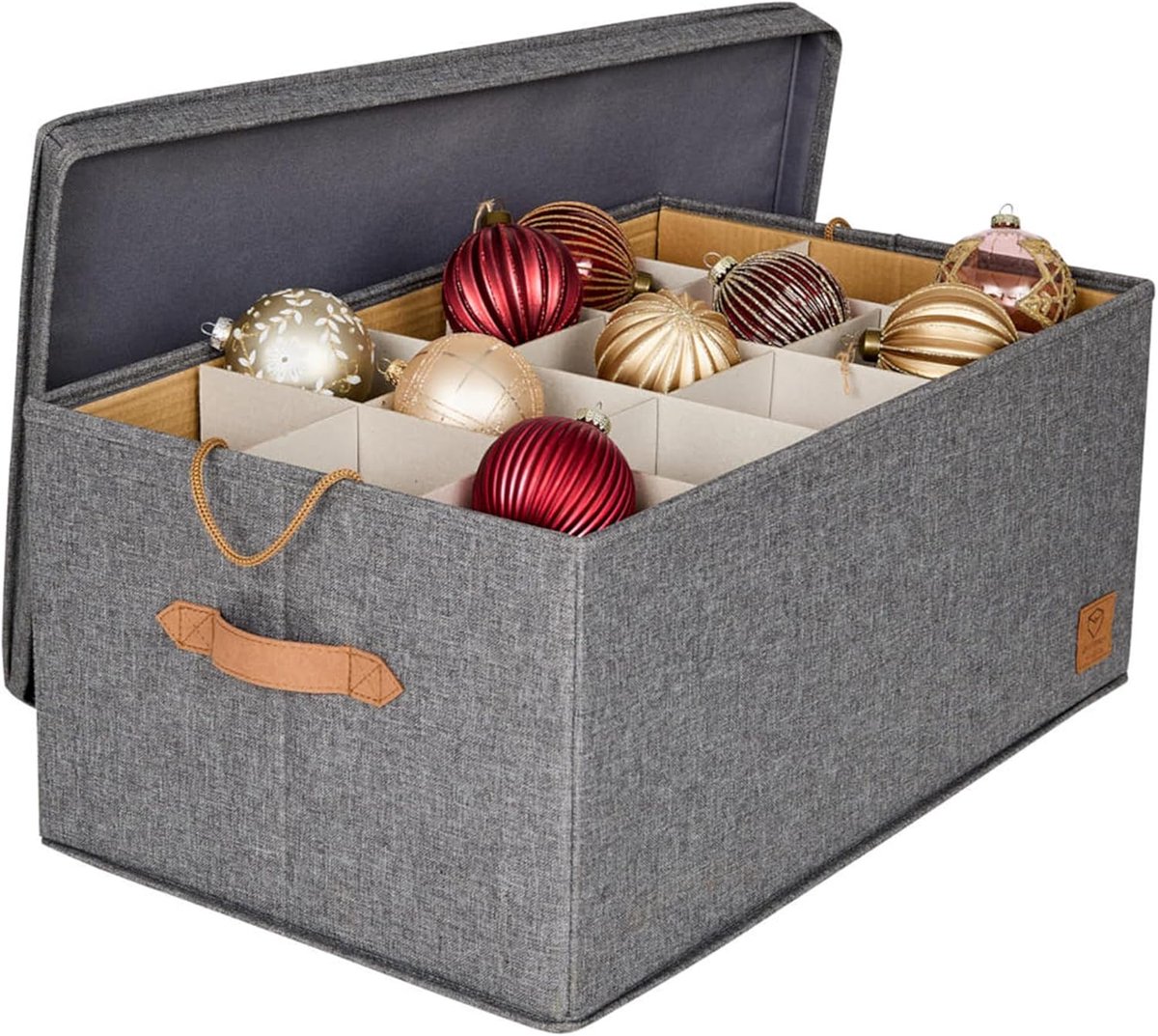SnelShoppen - Premium Kerstballen Opbergdoos Grijs | 30 Compartimenten in 2 Verwijderbare Lagen van Linnen, 58x36x25cm, Ideaal voor Kerstdecoratie en