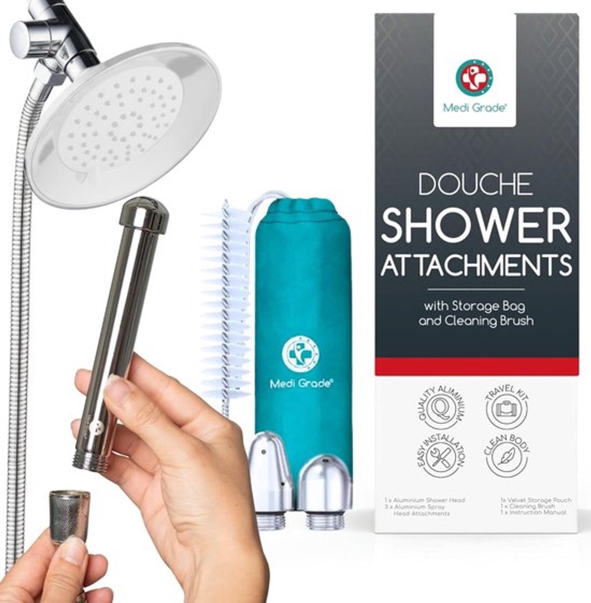 SnelShoppen - 8-delige Douchekit voor Intieme Hygiëne - Unisex Aluminium Douchekop voor Darmspoeling - Thuis Douche met Velvet Opbergzak, Reinigingsbo