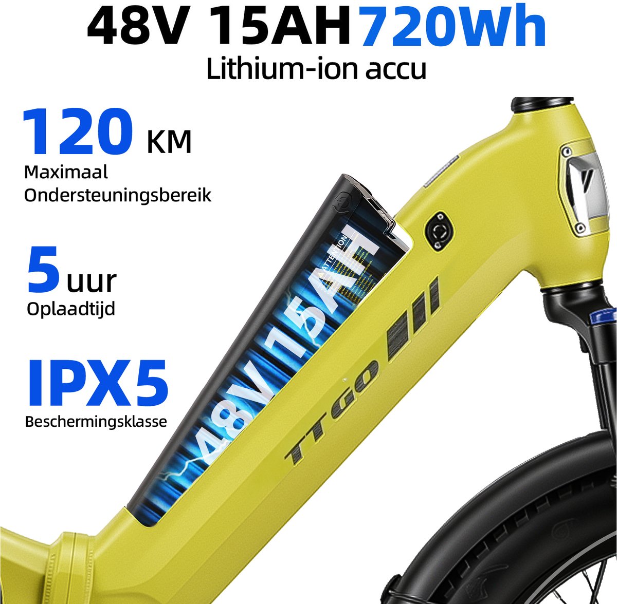 TTGO F7 Elektrische Fiets - 250W Motor - 48V15Ah Accu - 20 Inch Banden Vouwfiets - Max Snelheid 25km/u - Max Bereik 100-120 km - Shimano 7 Versnellingen - Mosterdgeel thumbnail 5