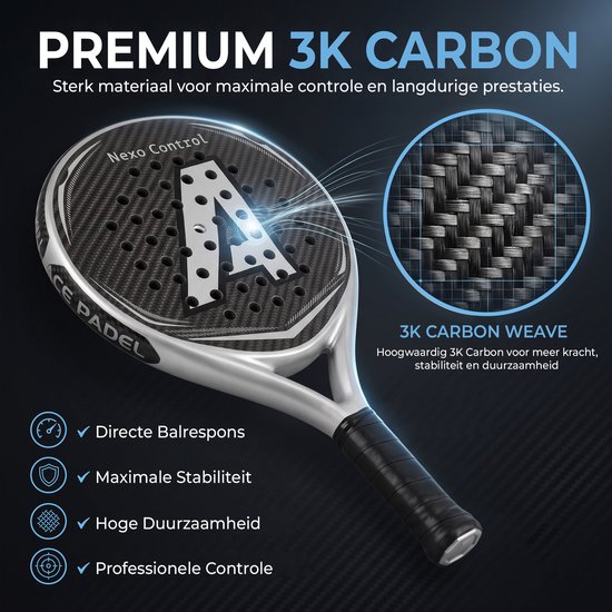Zwarte padelracket met zilverkleurig frame en de witte letter A. Close-up van de 3K carbon weefselstructuur. Tekst: PREMIUM 3K CARBON.