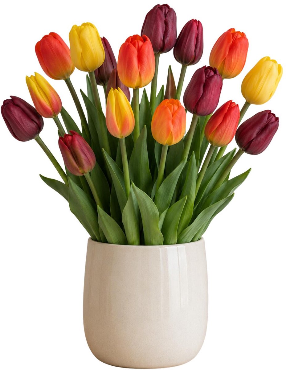 Bellatio Design Kunst tulpen boeket Sally - 14x stuks - rood/oranje - real touch - 47 cm