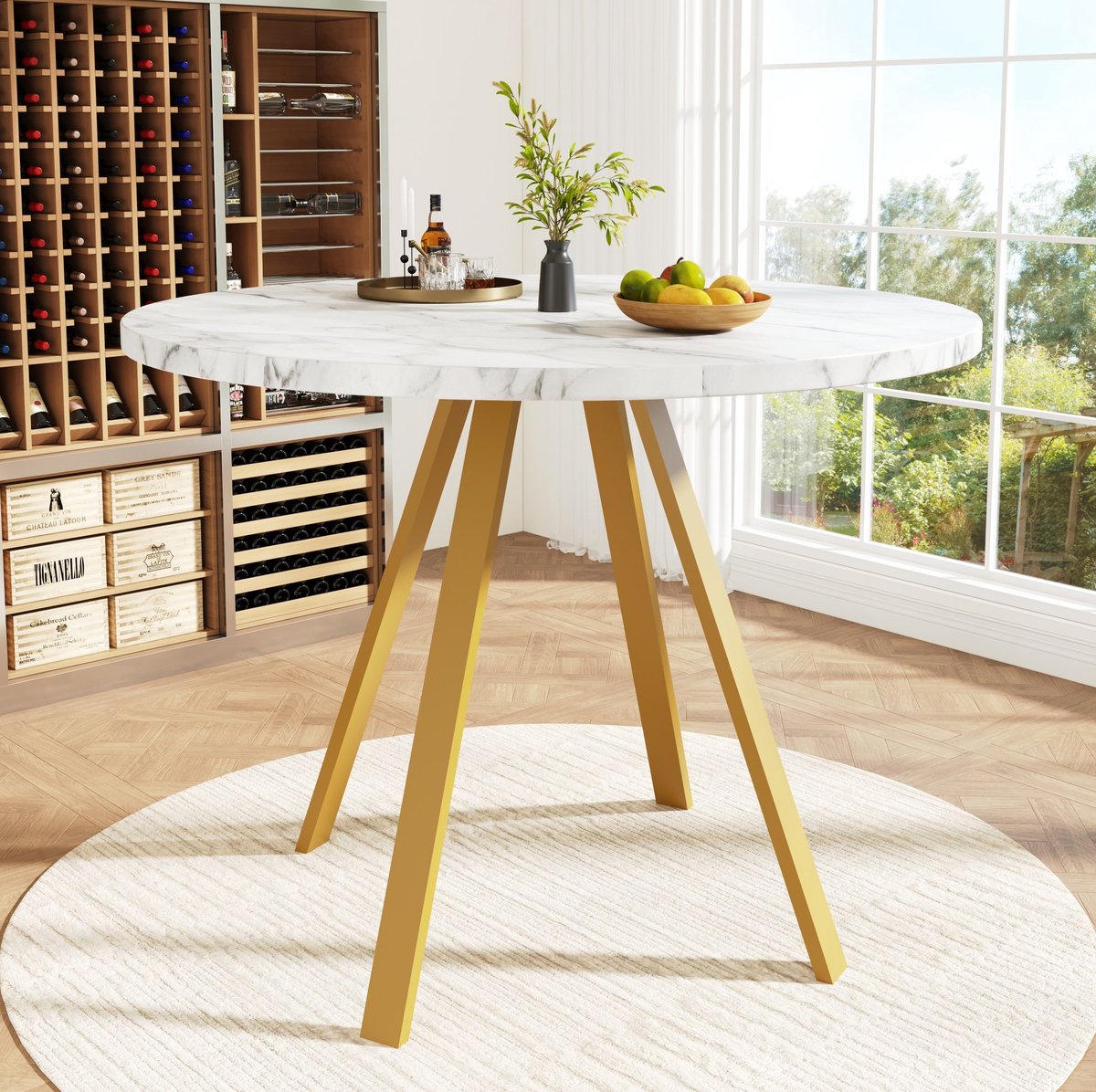 MEUNIQ ronde eettafel 80 cm, marmerlook tafelblad van MDF, metalen onderstel met gouden poten, voor eetkamer en woonkamer, wit-goud