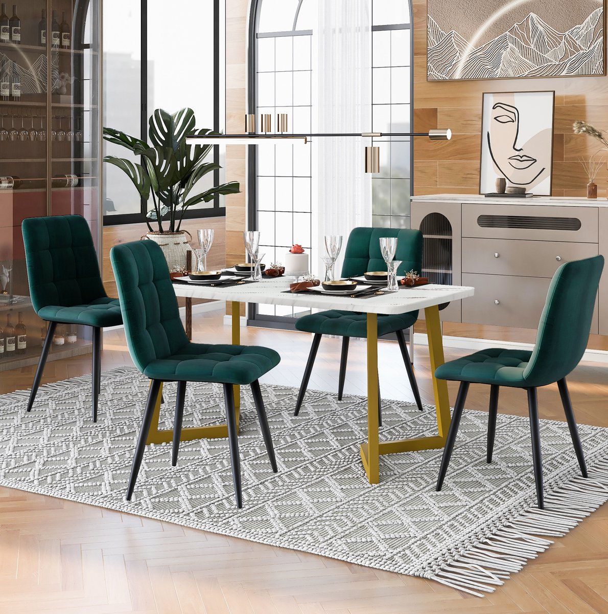 MEUNIQ eettafelset met 4 stoelen, rechthoekige eettafel van 117 cm, donkergroene fluwelen stoelen, gouden poten, modern voor eetkamer en keuken