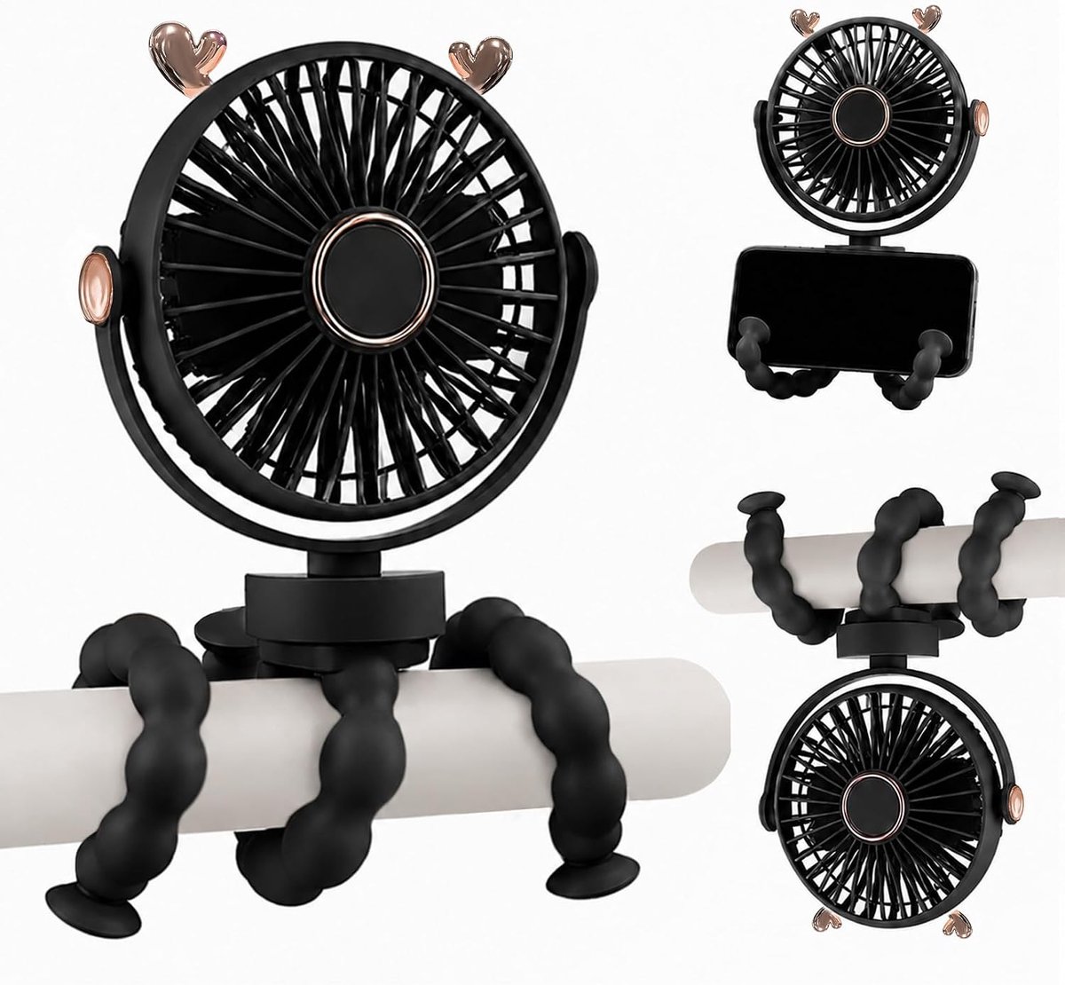 SnelShoppen - Draagbare Kinderwagen Ventilator 360° Rotatie, 3 Snelheden, USB Statiefventilator, Stil en Multifunctioneel voor Camping, Autostoelen, K